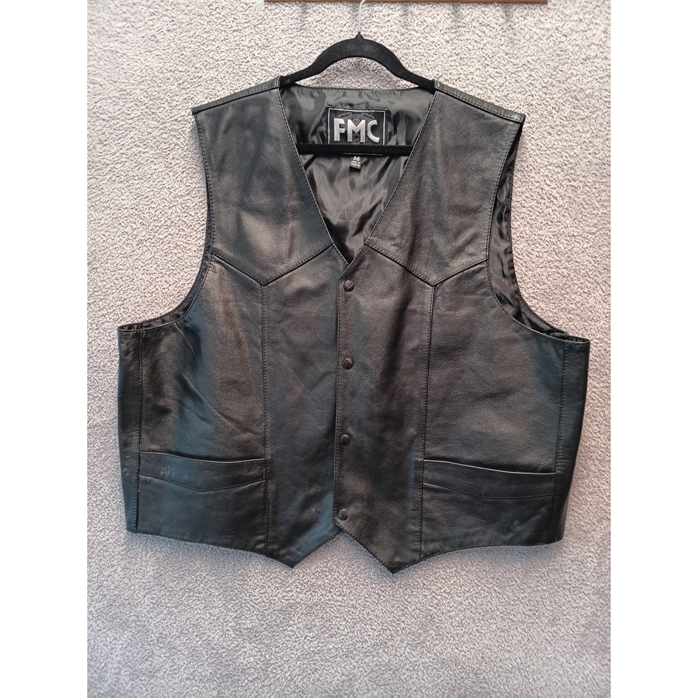 FMC Manufacturing Men's Snap Down Black Bicycle Leather ‎ Vest Size 56 Biker